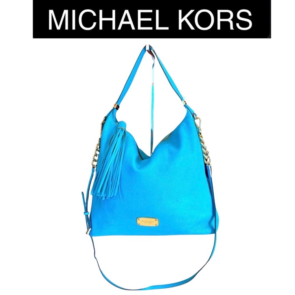 MICHAEL KORS Aqua Blue (Turquoise) Leather Hobo w/Tassel & Crossbody, EUC